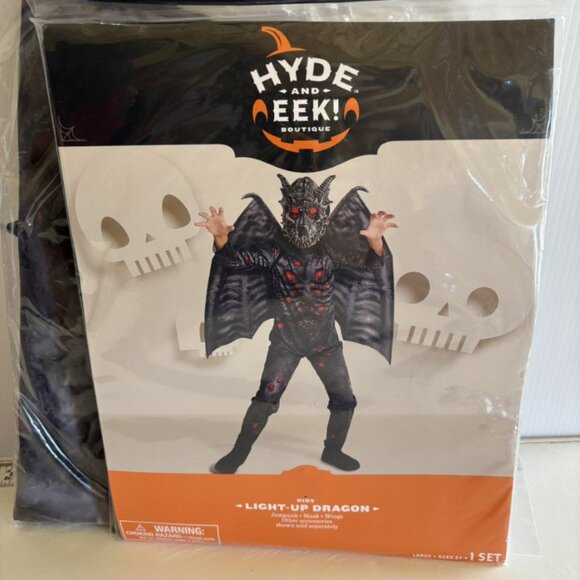 Dragon Halloween Costume 10/12 Light Up Mask, Wings, Jumpsuit 3 Pc Black Boys - Picture 3 of 4